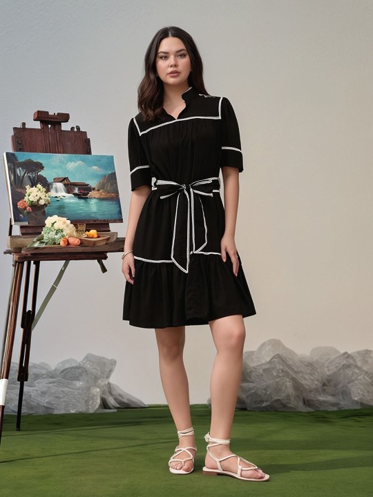 Women Mandarin Collar Short Sleeves Tie Up Fit & Flare Dress